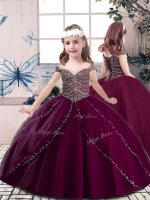 Pretty Tulle Straps Sleeveless Lace Up Beading Kids Formal Wear in Burgundy