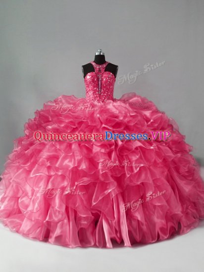 Unique Hot Pink Quince Ball Gowns Sweet 16 and Quinceanera with Beading and Ruffles Halter Top Sleeveless Zipper - Click Image to Close