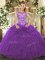 Exceptional Purple Ball Gowns Organza Scoop Cap Sleeves Beading and Ruffles and Hand Made Flower Floor Length Lace Up Military Ball Dresses For Women