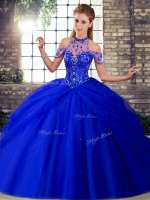 Custom Designed Halter Top Sleeveless Vestidos de Quinceanera Brush Train Beading and Pick Ups Royal Blue Tulle(SKU SJQDDT2116002-1BIZ)