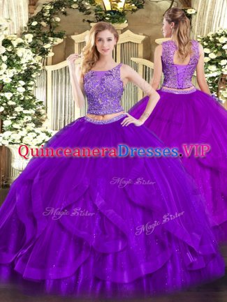 Scoop Sleeveless Quinceanera Gown Floor Length Beading and Ruffles Purple Organza