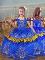 Customized Off The Shoulder Sleeveless Lace Up Little Girls Pageant Dress Wholesale Blue Satin