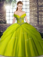 Lovely Olive Green Sleeveless Tulle Brush Train Lace Up Quince Ball Gowns for Military Ball and Sweet 16 and Quinceanera