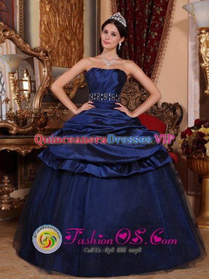 Edwardsville Illinois/IL Customize Navy Blue Pick-ups Beading and Ruch Quinceanera Dress With Strapless Tulle and Taffeta Ball Gown - Click Image to Close
