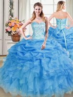 Elegant Sleeveless Floor Length Beading and Ruffles and Pick Ups Lace Up 15 Quinceanera Dress with Blue