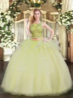 Artistic Sleeveless Floor Length Beading Lace Up Quinceanera Dresses with Yellow