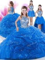 Sophisticated Four Piece Royal Blue High-neck Neckline Beading and Pick Ups Sweet 16 Quinceanera Dress Sleeveless Zipper(SKU SJQDDT915007-1BIZ)