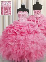 Discount Visible Boning Rose Pink Ball Gown Prom Dress Military Ball and Sweet 16 and Quinceanera with Beading and Ruffles and Pick Ups Sweetheart Sleeveless Lace Up