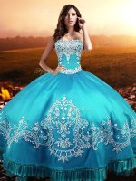 Customized Aqua Blue Ball Gowns Sweetheart Sleeveless Taffeta Floor Length Lace Up Beading and Appliques Quinceanera Gown