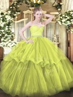 Olive Green Sleeveless Tulle Brush Train Zipper Vestidos de Quinceanera for Military Ball and Sweet 16 and Quinceanera(SKU SJQDDT1604002-3BIZ)