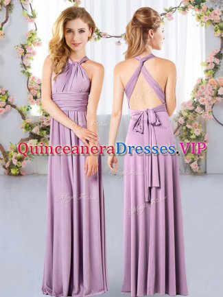 Captivating Sleeveless Floor Length Ruching Criss Cross Court Dresses for Sweet 16 with Lavender