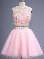 Exceptional Scoop Sleeveless Lace Up Quinceanera Dama Dress Baby Pink Tulle
