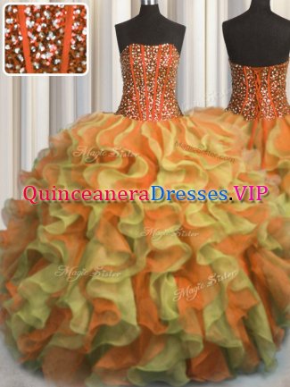 Visible Boning Beaded Bodice Floor Length Multi-color Vestidos de Quinceanera Organza Sleeveless Beading and Ruffles
