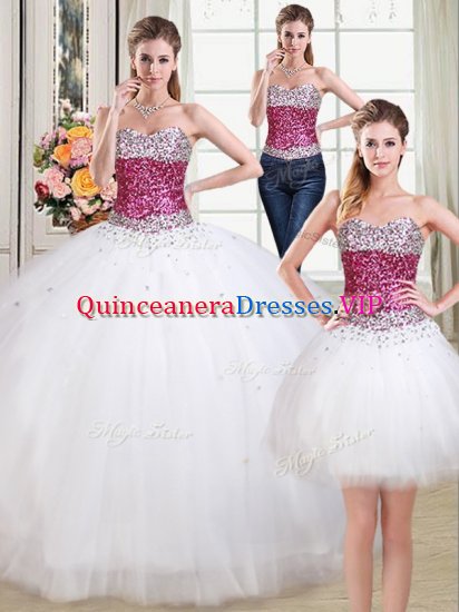Three Piece White Ball Gowns Beading Sweet 16 Quinceanera Dress Lace Up Tulle Sleeveless Floor Length - Click Image to Close