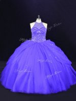 Graceful Purple Ball Gowns Tulle Halter Top Sleeveless Beading Floor Length Lace Up Quinceanera Dresses