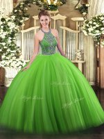 Ball Gowns Ball Gown Prom Dress Green Halter Top Tulle Sleeveless Floor Length Lace Up
