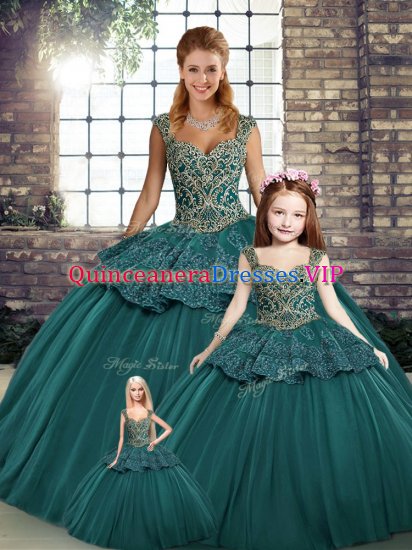 Deluxe Green Ball Gowns Straps Sleeveless Tulle Floor Length Lace Up Beading and Appliques Sweet 16 Dresses - Click Image to Close