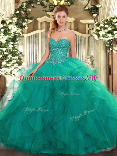 Unique Turquoise Ball Gowns Beading and Ruffles Sweet 16 Quinceanera Dress Lace Up Tulle Sleeveless Floor Length - Click Image to Close