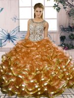 Trendy Scoop Sleeveless Quinceanera Dress Floor Length Beading and Ruffles Brown Organza