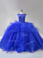 Sleeveless Beading and Ruffles Lace Up Quinceanera Dress with Royal Blue Brush Train