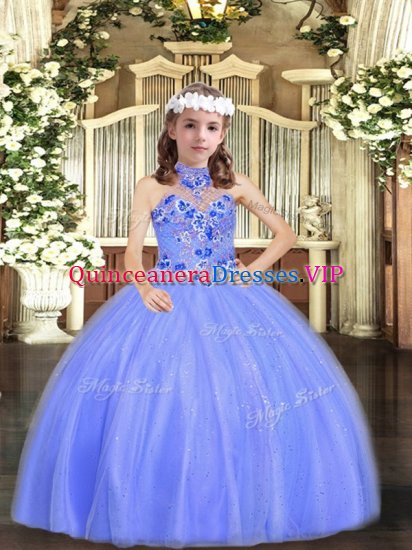 Floor Length Lace Up Little Girl Pageant Gowns Blue for Party and Sweet 16 and Wedding Party with Appliques - Click Image to Close