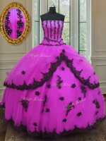 Adorable Fuchsia Ball Gowns Strapless Sleeveless Tulle Floor Length Lace Up Appliques Ball Gown Prom Dress(SKU PSSW0117-2BIZ)