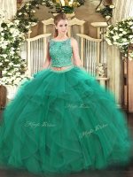 Custom Made Turquoise Lace Up Quinceanera Gowns Beading and Ruffles Sleeveless Floor Length