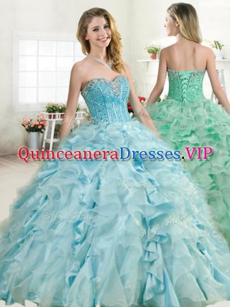 Perfect Organza and Taffeta Sweetheart Sleeveless Lace Up Beading and Ruffles Quince Ball Gowns in Baby Blue