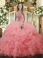 Custom Designed Sleeveless Organza Floor Length Lace Up Quince Ball Gowns in Watermelon Red with Beading and Ruffles and Pick Ups