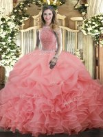 Custom Designed Sleeveless Organza Floor Length Lace Up Quince Ball Gowns in Watermelon Red with Beading and Ruffles and Pick Ups(SKU SJQDDT1450002-1BIZ)