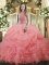 Custom Designed Sleeveless Organza Floor Length Lace Up Quince Ball Gowns in Watermelon Red with Beading and Ruffles and Pick Ups