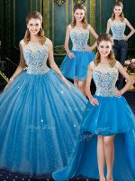 Dynamic Four Piece Tulle High-neck Sleeveless Brush Train Zipper Lace Quince Ball Gowns in Baby Blue(SKU SJQDDT912007-2BIZ)