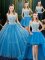 Dynamic Four Piece Tulle High-neck Sleeveless Brush Train Zipper Lace Quince Ball Gowns in Baby Blue