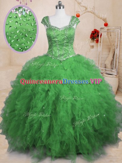 Lace Up Square Beading and Ruffles 15th Birthday Dress Tulle Cap Sleeves - Click Image to Close
