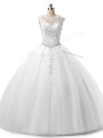 Floor Length Lace Up Military Ball Dresses White for Military Ball and Sweet 16 and Quinceanera with Beading and Lace