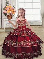 Burgundy Satin Lace Up Straps Sleeveless Floor Length Pageant Dresses Embroidery and Ruffled Layers