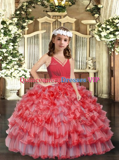 Fancy Sleeveless Floor Length Ruffles and Ruffled Layers Zipper Pageant Dress Wholesale with Coral Red - Click Image to Close