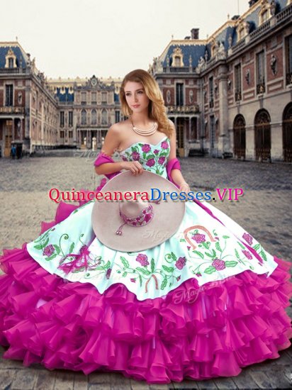 Embroidery and Ruffled Layers Quinceanera Gown Fuchsia Lace Up Sleeveless Floor Length - Click Image to Close