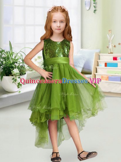 Trendy Olive Green Scoop Neckline Sequins and Bowknot Pageant Gowns For Girls Sleeveless Zipper - Click Image to Close