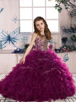 Lovely Fuchsia Scoop Lace Up Beading and Ruffles Little Girls Pageant Gowns Sleeveless