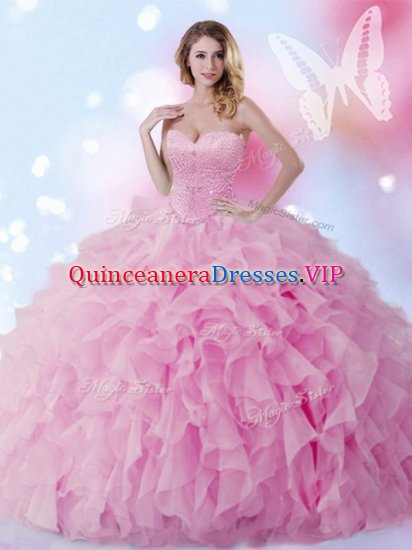 On Sale Rose Pink Organza Lace Up Quince Ball Gowns Sleeveless Floor Length Beading and Ruffles - Click Image to Close