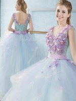 Vintage Light Blue Sleeveless Floor Length Appliques and Ruffles Lace Up Quinceanera Gown