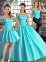 Gorgeous Tulle Off The Shoulder Sleeveless Lace Up Beading Sweet 16 Quinceanera Dress in Aqua Blue