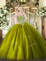 Beauteous Olive Green Ball Gowns Beading Quinceanera Gowns Lace Up Tulle Sleeveless Floor Length