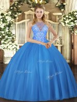 Floor Length Lace Up Sweet 16 Dress Baby Blue for Military Ball and Sweet 16 and Quinceanera with Beading