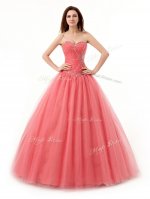 Super Sleeveless Floor Length Beading and Ruching Lace Up 15th Birthday Dress with Watermelon Red