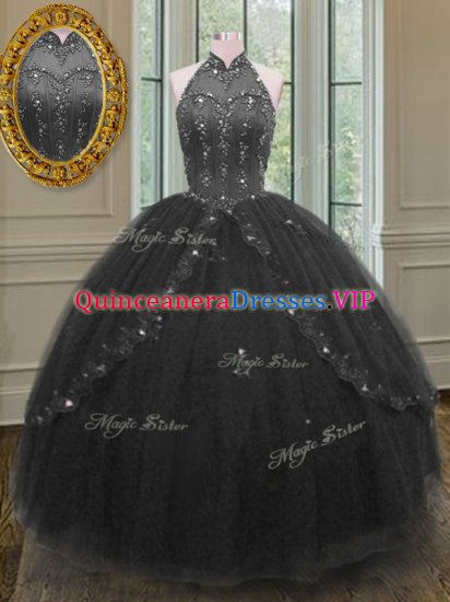 Sleeveless Floor Length Beading and Appliques Lace Up Sweet 16 Dress with Black - Click Image to Close