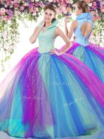 Multi-color Ball Gown Prom Dress Military Ball and Sweet 16 and Quinceanera with Beading High-neck Sleeveless Backless