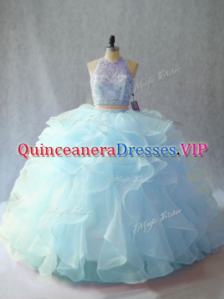 Flare Light Blue Two Pieces Beading and Ruffles Quinceanera Gowns Backless Organza Sleeveless
