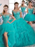 High Quality Off The Shoulder Long Sleeves Tulle Quinceanera Gown Beading and Ruffles Brush Train Lace Up
